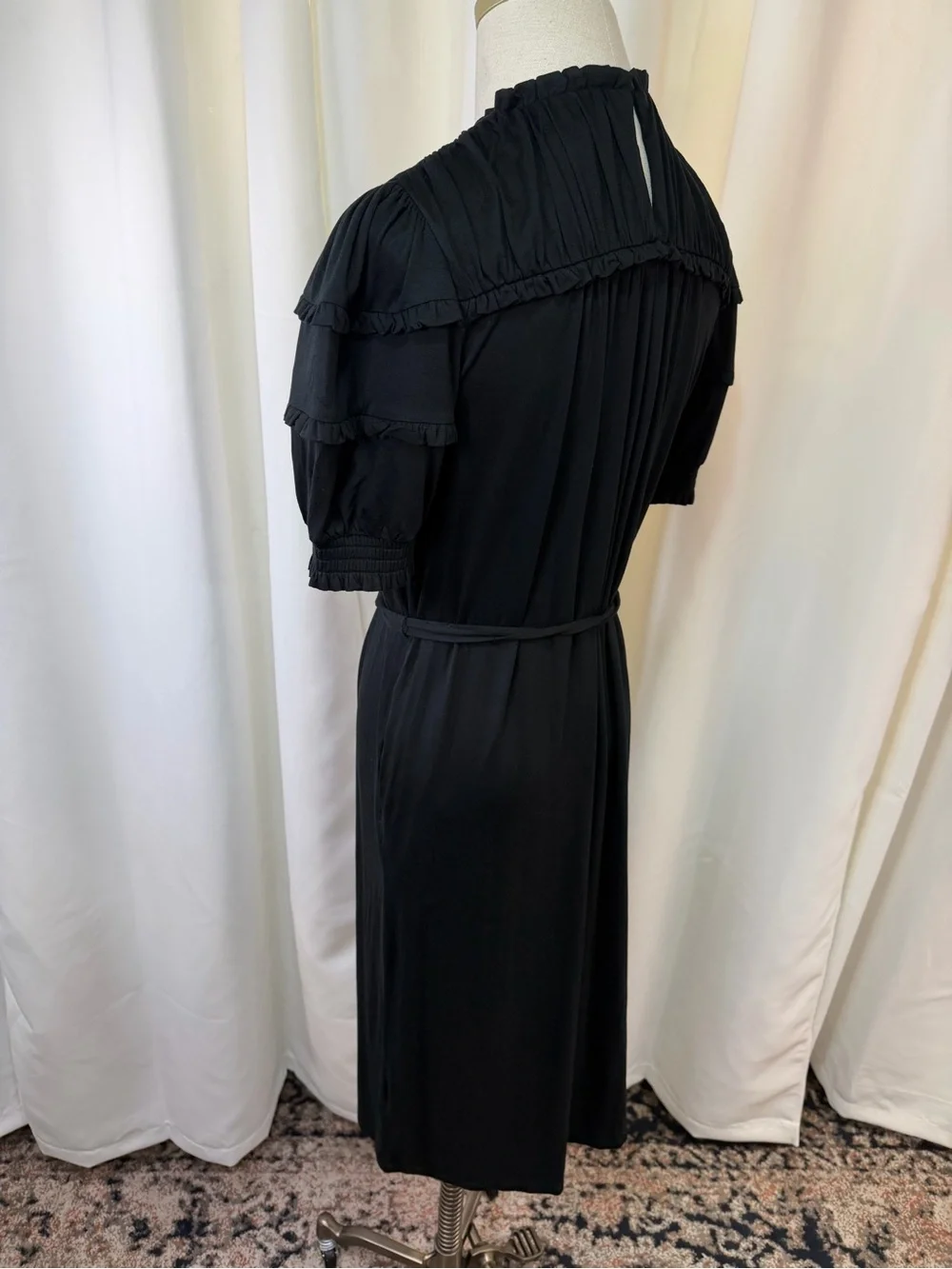 NWT Boden Black Ruffled Neck Puff Sleeve Jersey Midi Dress w/ Tie Waist Size 4P